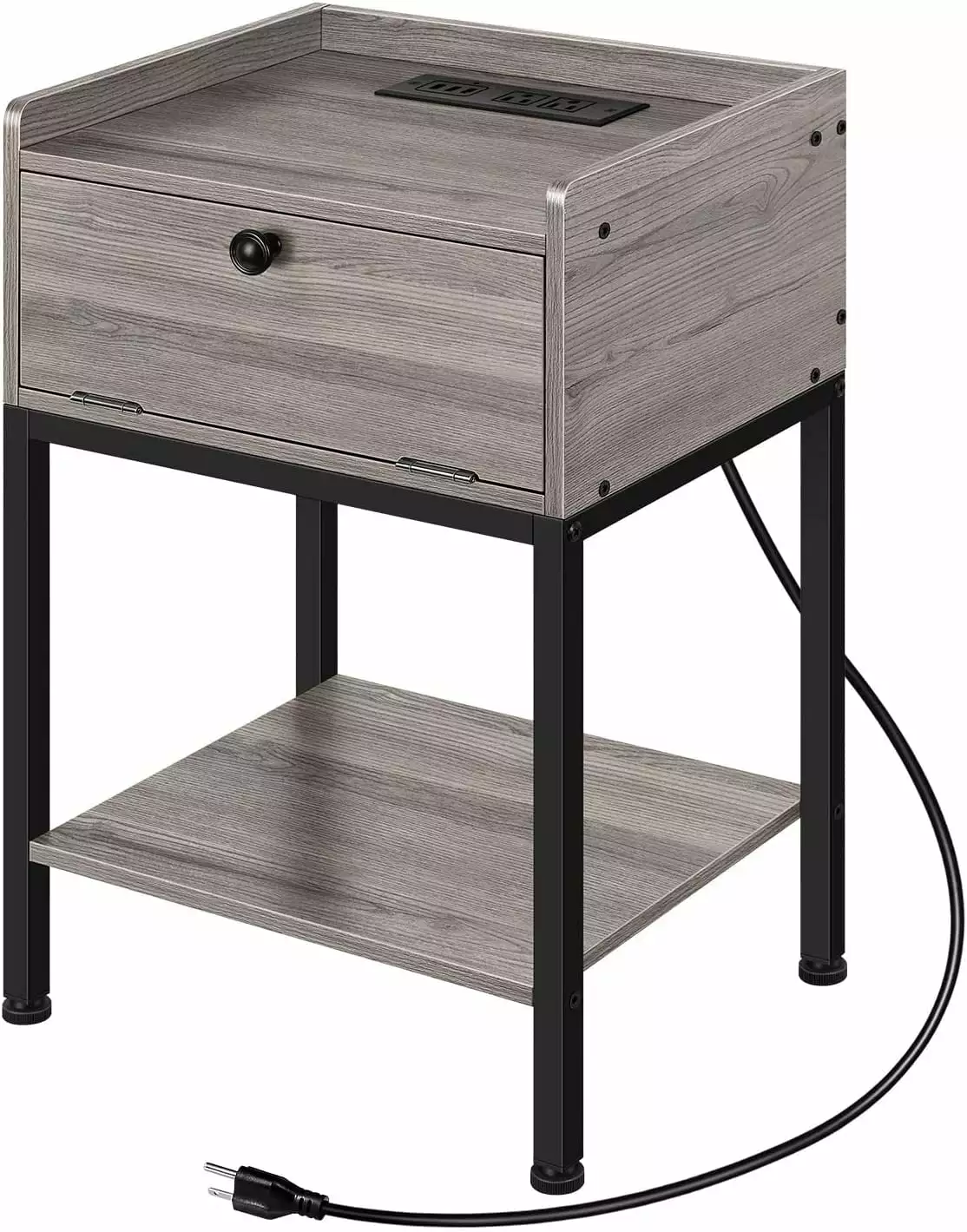 Gray Wood Side Table Charging Station Nightstand End Table Storage Drawer Oumilen