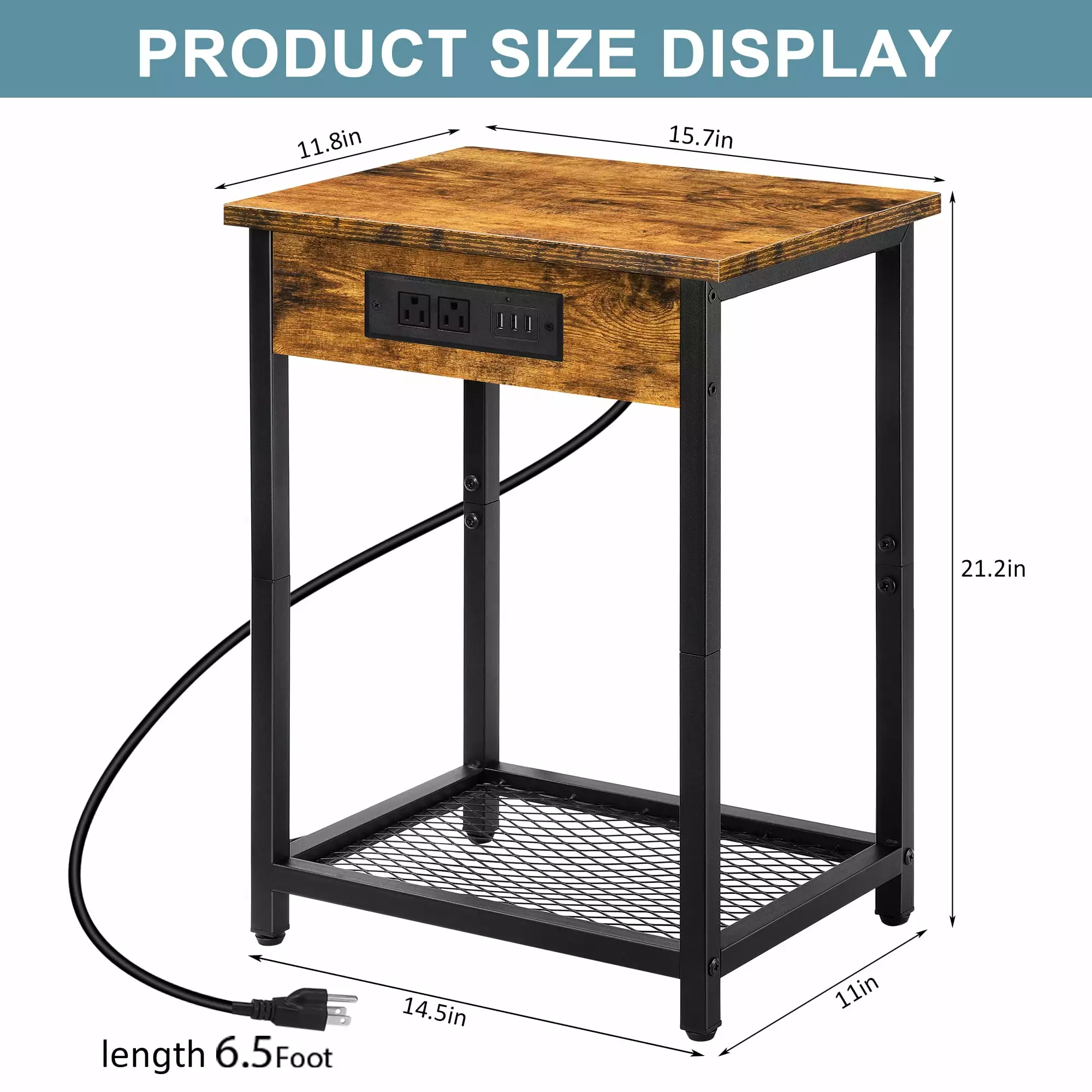 Nightstand End Table Charging Station Rustic Brown Set 2 Oumilen