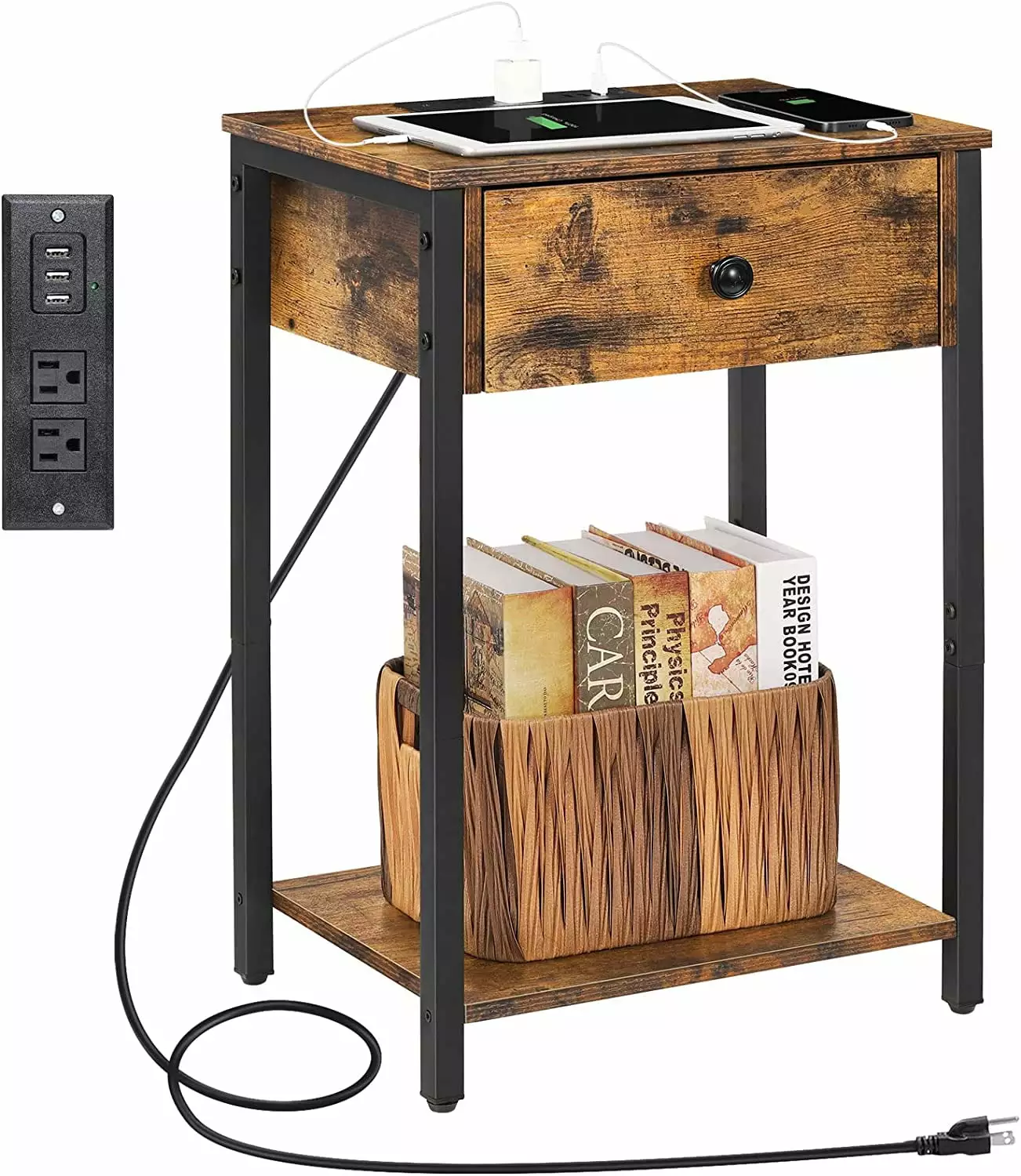 Nightstand End Table Charging Station USB Ports Drawer and Storage Shelf Rustic Brown Oumilen