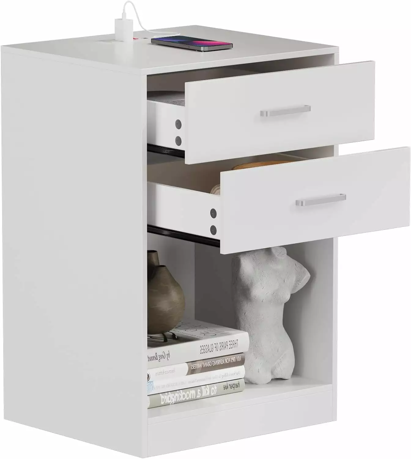Nightstand 2 Drawers and Charging Port Small Side Table End Table Dresser Bedroom Living Room Our Modern Space