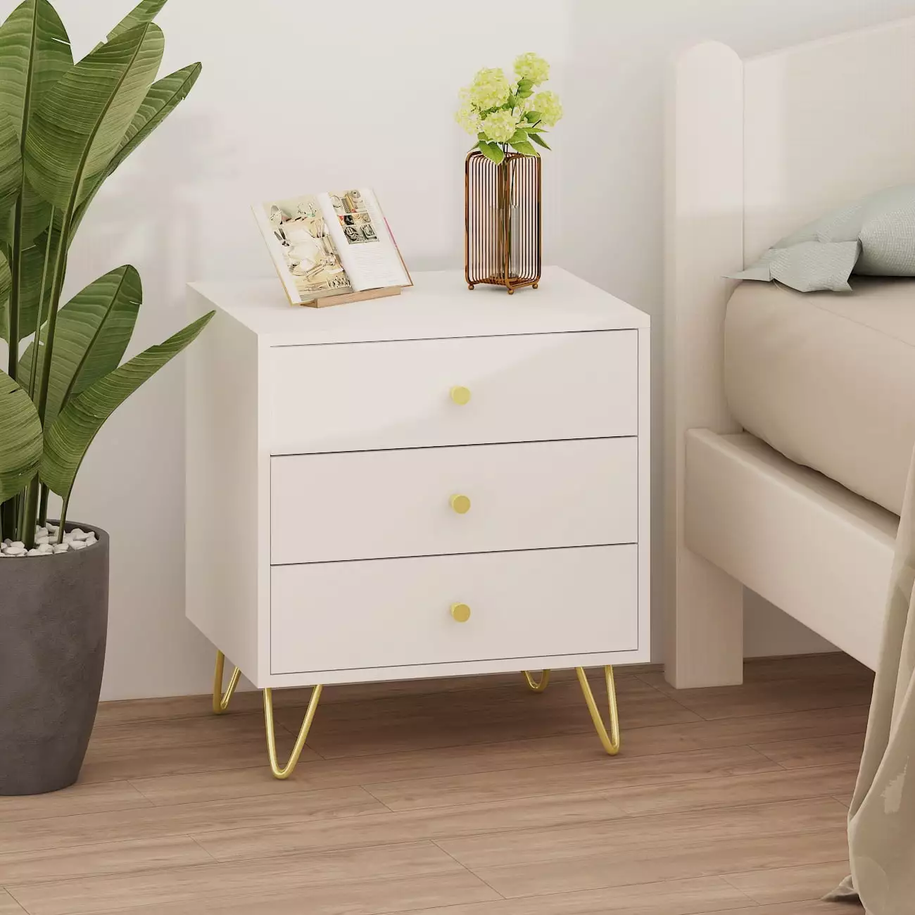 Modern Nightstand 3 Drawer Elegant Bedside Night Stand White OxyLife