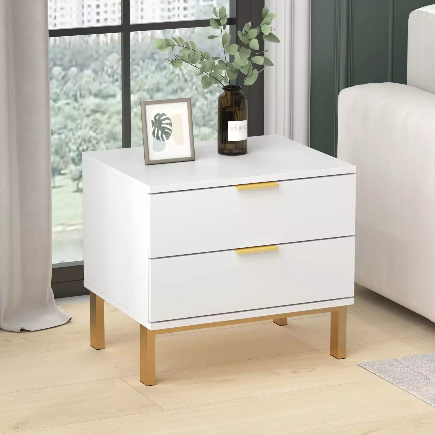 OXYLIFE White Nightstand 2 Drawers Modern End Side Table Bedroom Living Room
