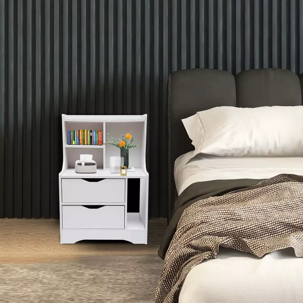 2-Drawers Bedside Table Cupboard Cabinet Nightstand Storage End Table White Tool PetalParadise