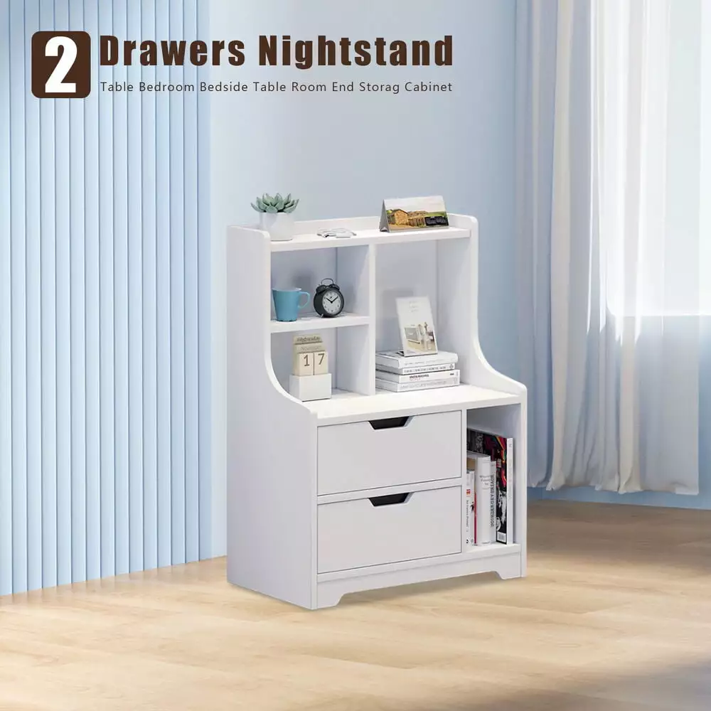 Bedside Table Cabinet Storage End Table 2-Drawers Nightstand Modern Cabinet PetalParadise