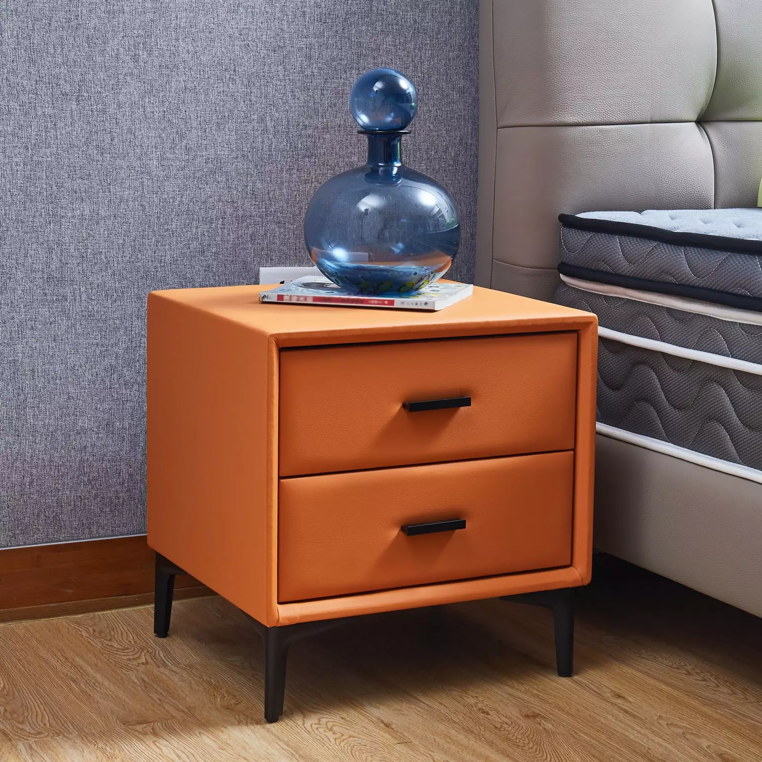 Modern Orange Nightstand 2 Drawers PU Leather Bedside Cabinet Chic End Table Ponnky