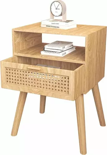 Nightstand Rattan Door Wooden Bedside Table End Table Drawer Storage Bedroom QRInnovations