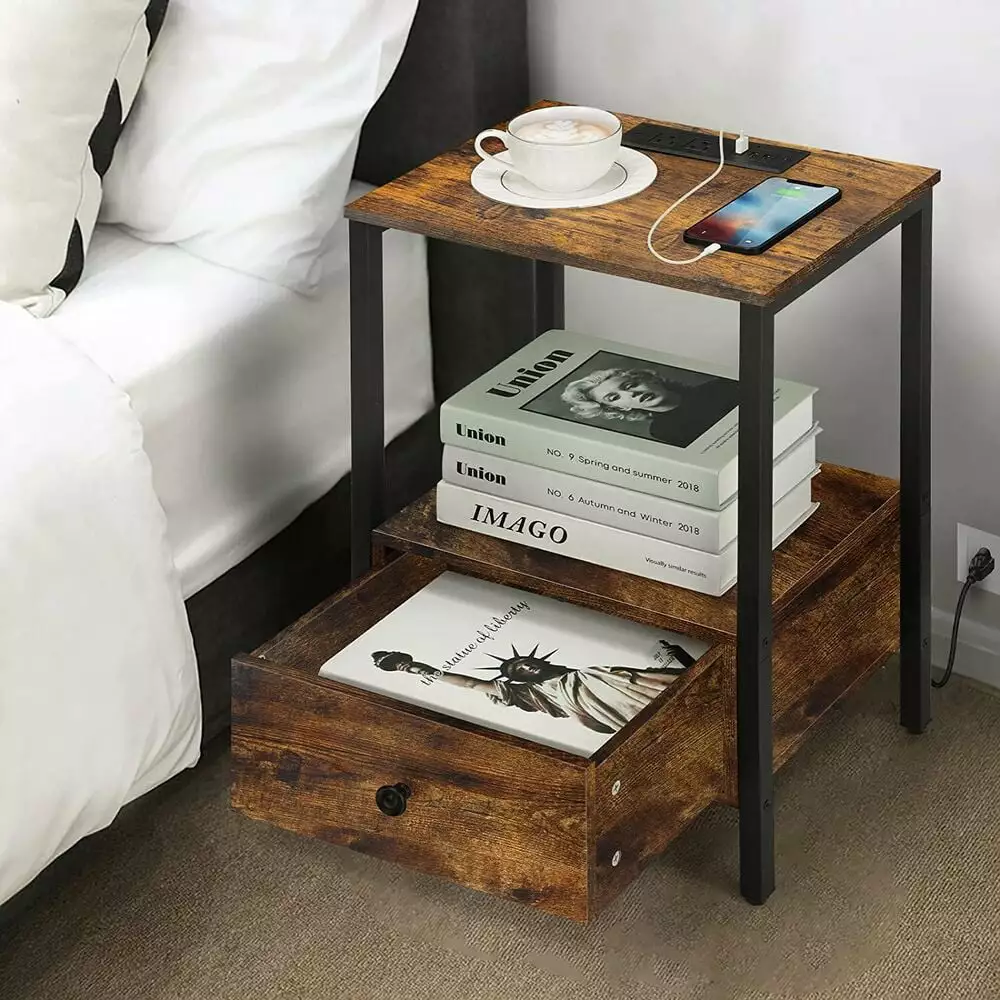 End Table Charging Station Narrow Side Table Drawer Nightstand Bedroom RoseChic