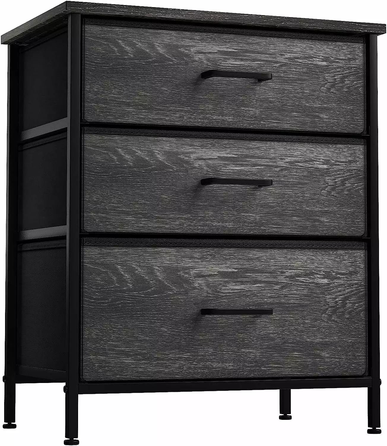 Sorbus Nightstand 3 Drawers, Steel Frame Wood Top Fabric Bins Bedroom Office Dorm Rustic Black