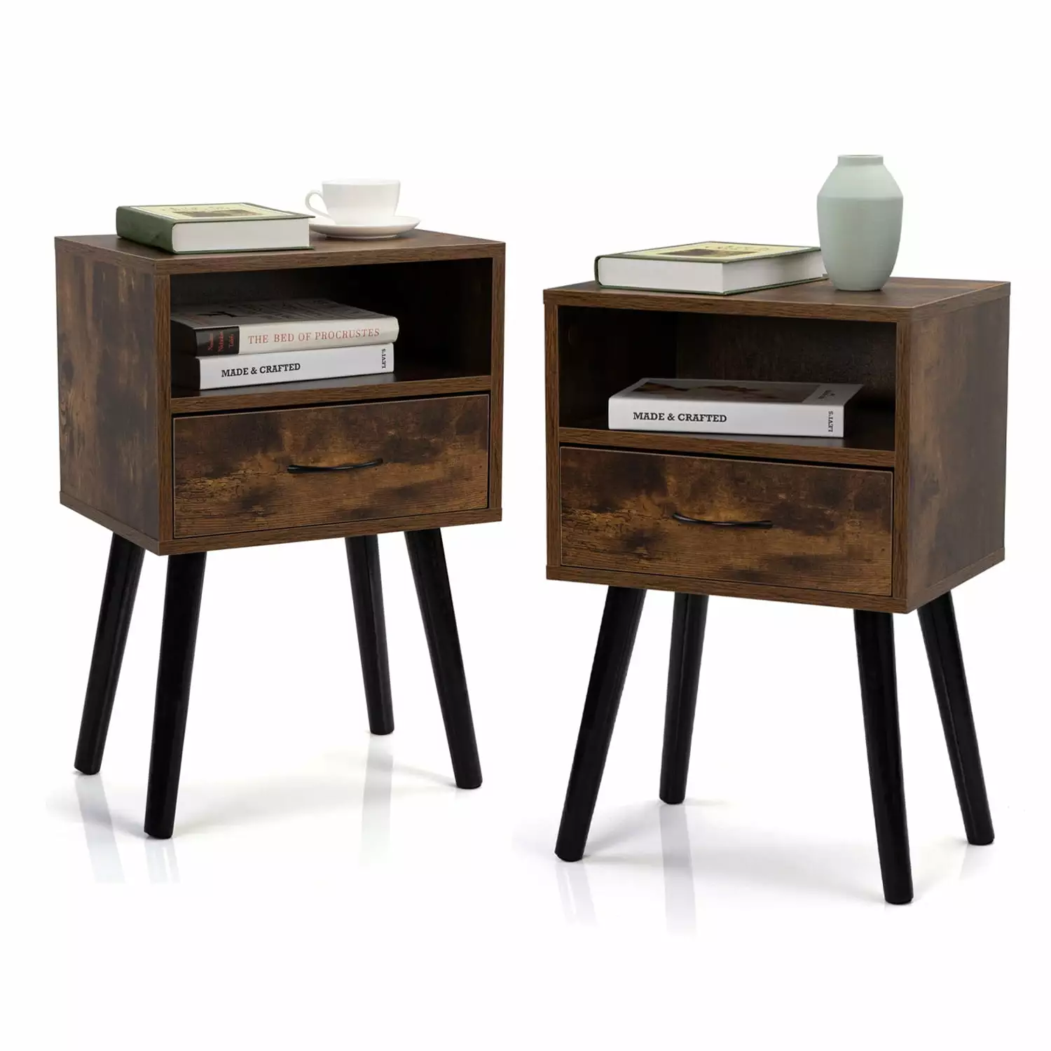 Syngar Nightstand Set 2 Drawer and Storage Shelf Rustic Brown Modern Bedroom Furniture
