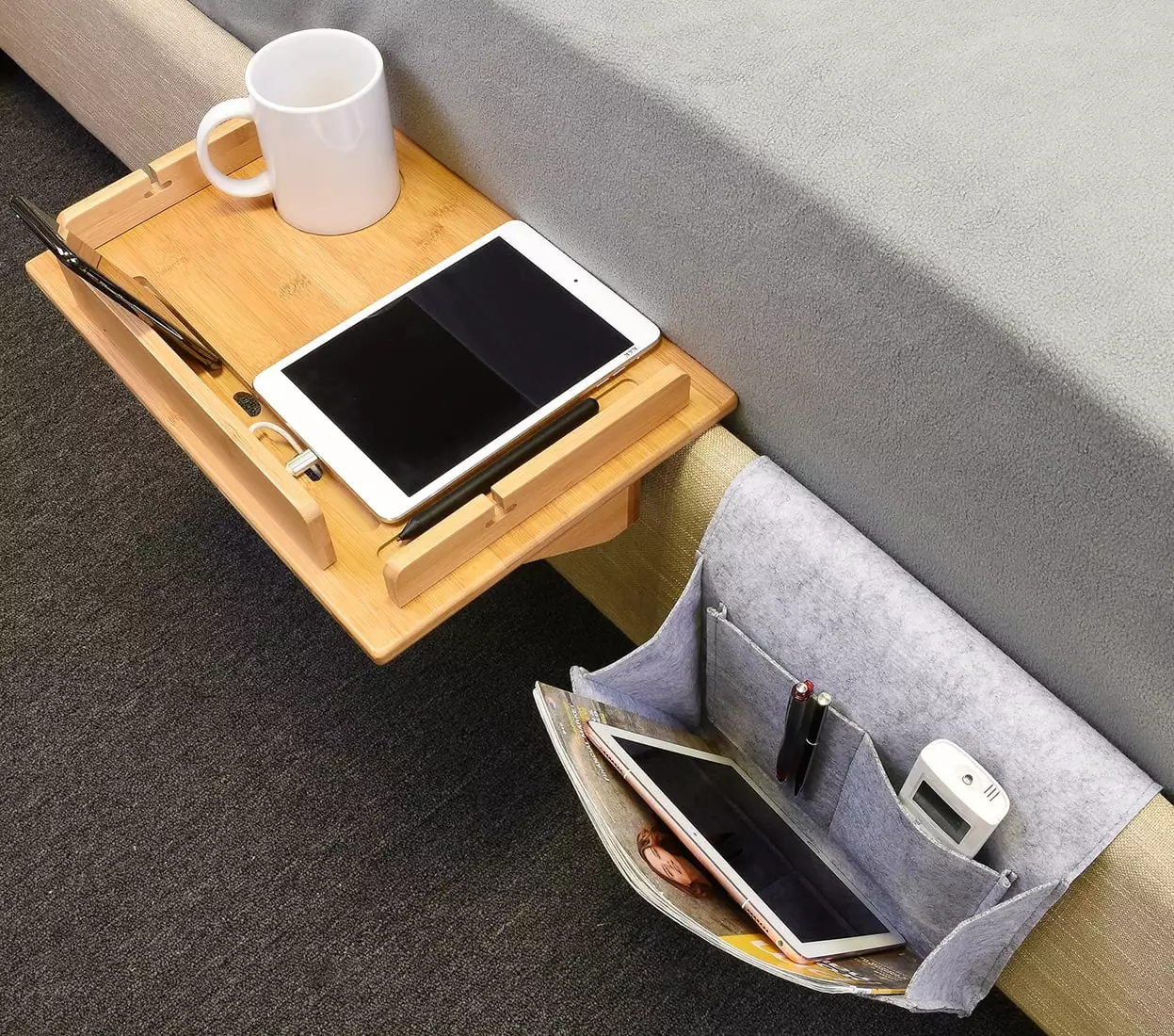 Tirrinia Bedside Table Caddy Arranger Tray Bamboo Shelf Brown