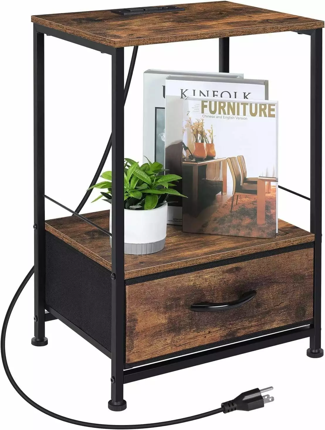Vcjta Industrial Nightstand Charging Station Sliding Drawer Modern Elegant Bedside Table TRAHOO