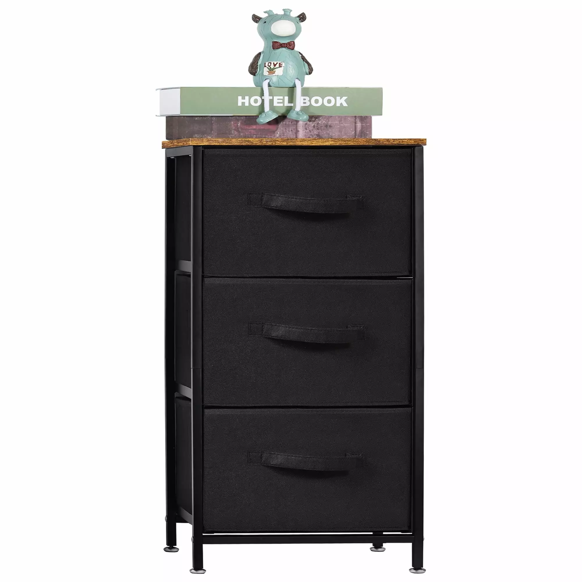 Nightstand 3 Drawers Antique Wood Look Top Fabric Box Black TUOREN