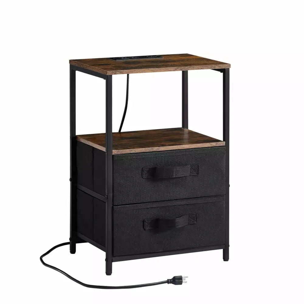 UBesGoo Nightstand Drawers End Table Charging Station 2-Tier Tall Night Stand Fabric Drawer Rustic Brown Black
