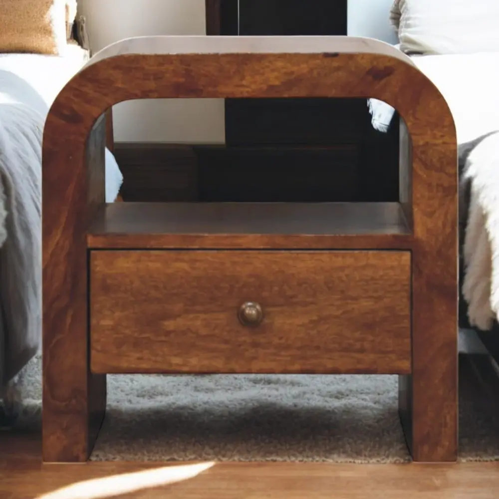Upholstered Platform Darcy - Nightstand Drawer And Open Shelf - Chocolate