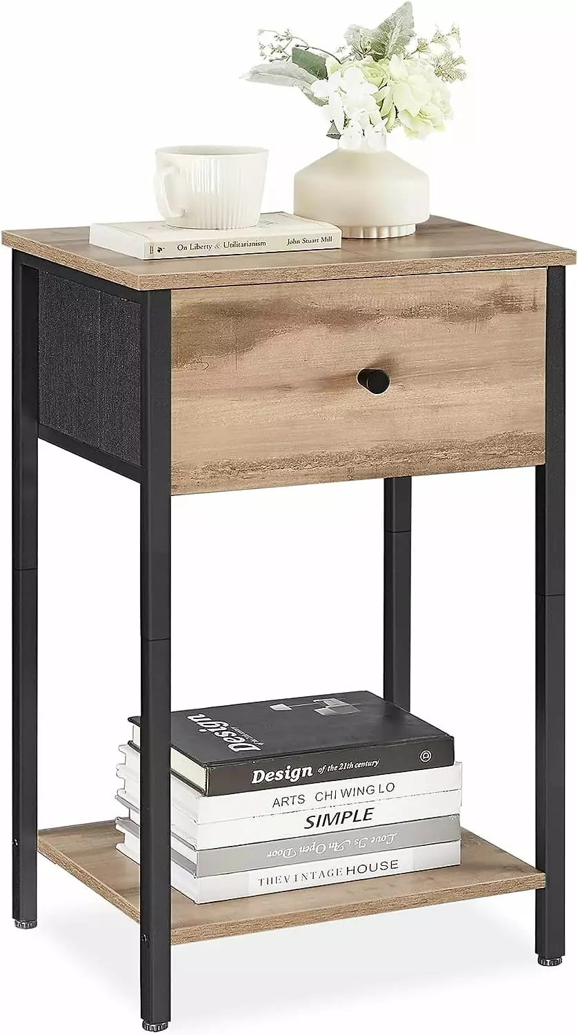 VASAGLE 24-Inch Tall Nightstand Fabric Drawer and Storage Shelf End Table Bedroom