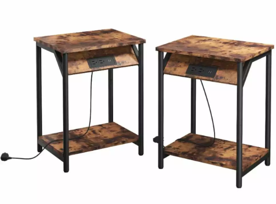 VASAGLE End Table Outlets and USB Ports Rustic Brown and Black Nightstand