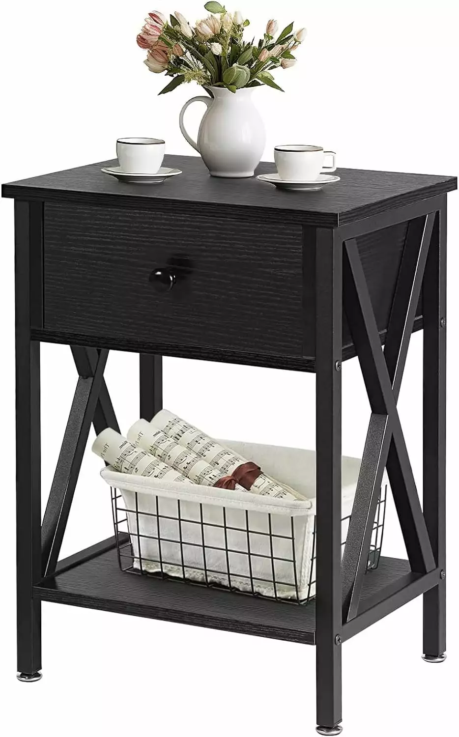 VECELO Modern X-Design Black Night Stand Drawer Retro Storage Shelf