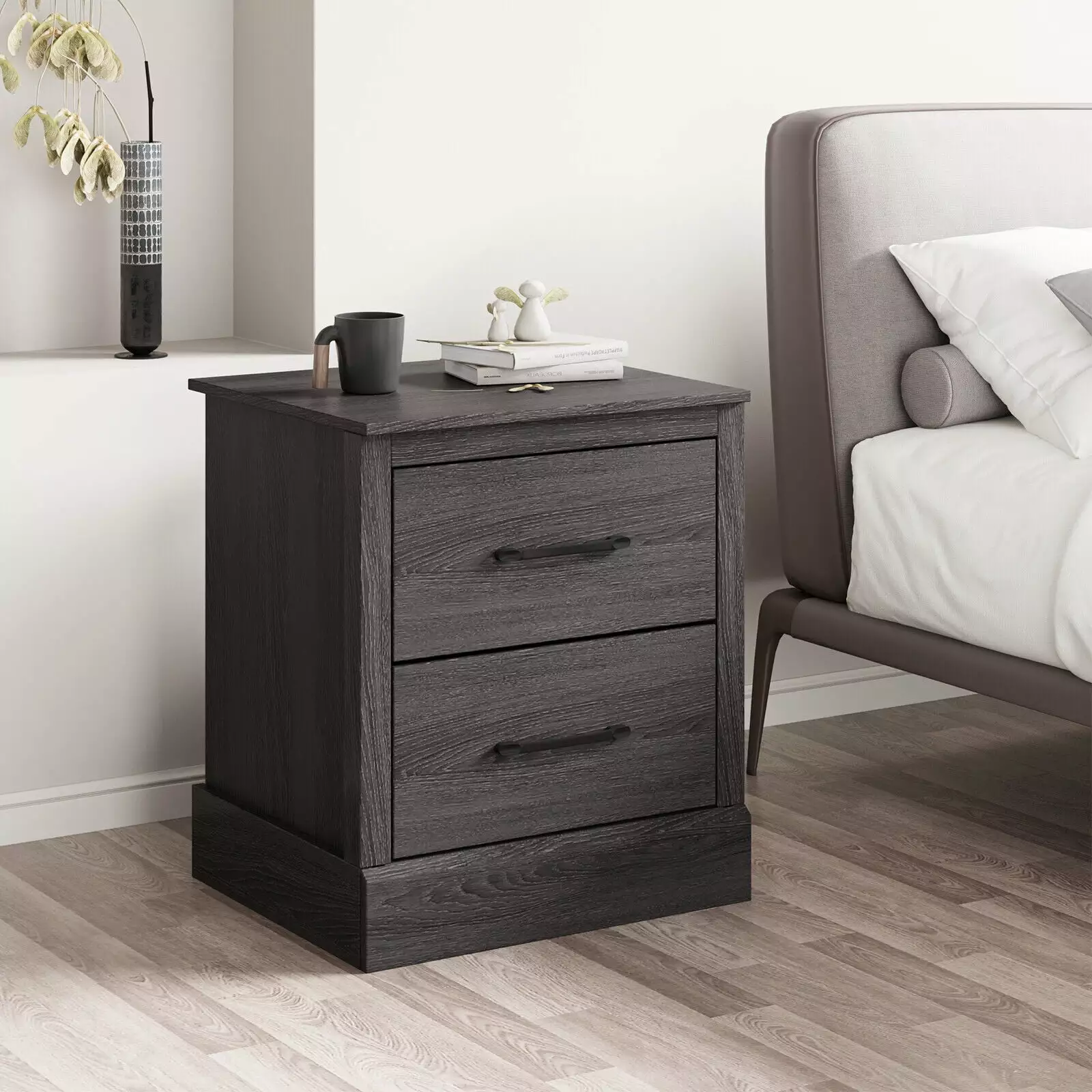 Vicamelia Dark Gray Nightstand 2 Drawers Space-saving Bedside Table