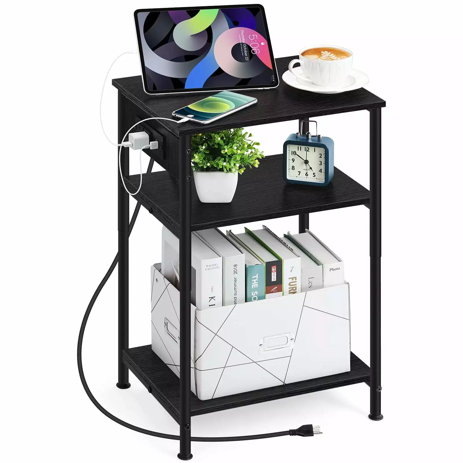 Black Nightstand Charging Station 3-Tier Side End Table USB Ports Bedroom Living Room Wadavr