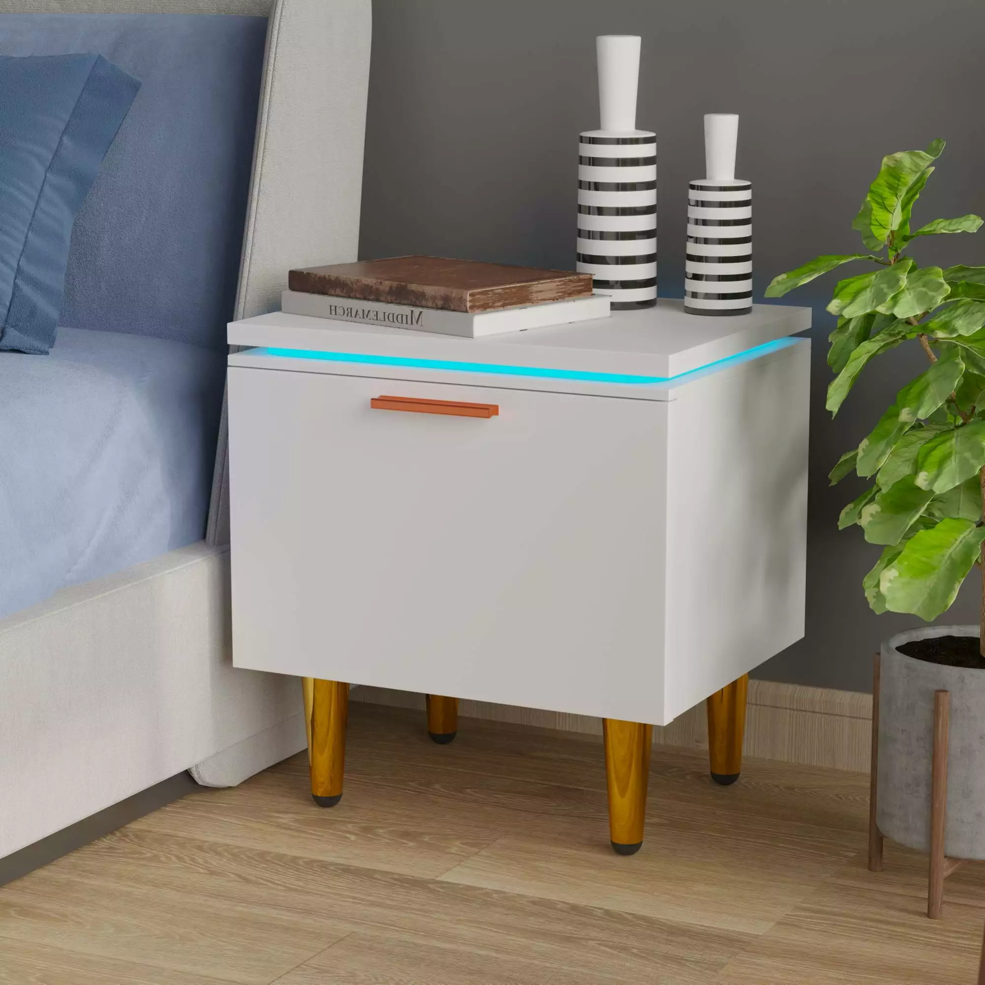 Nightstand 15 Color LED Lights White Modern Bedside Table Bedroom Waytrim