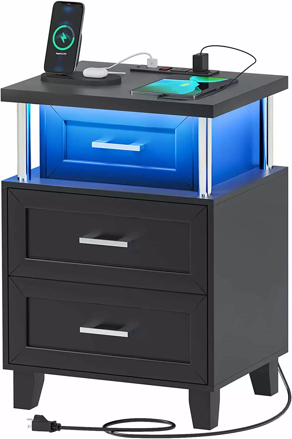 Weiplehoom LED Nightstand Charging Station 3 Drawers Bedside Table Black