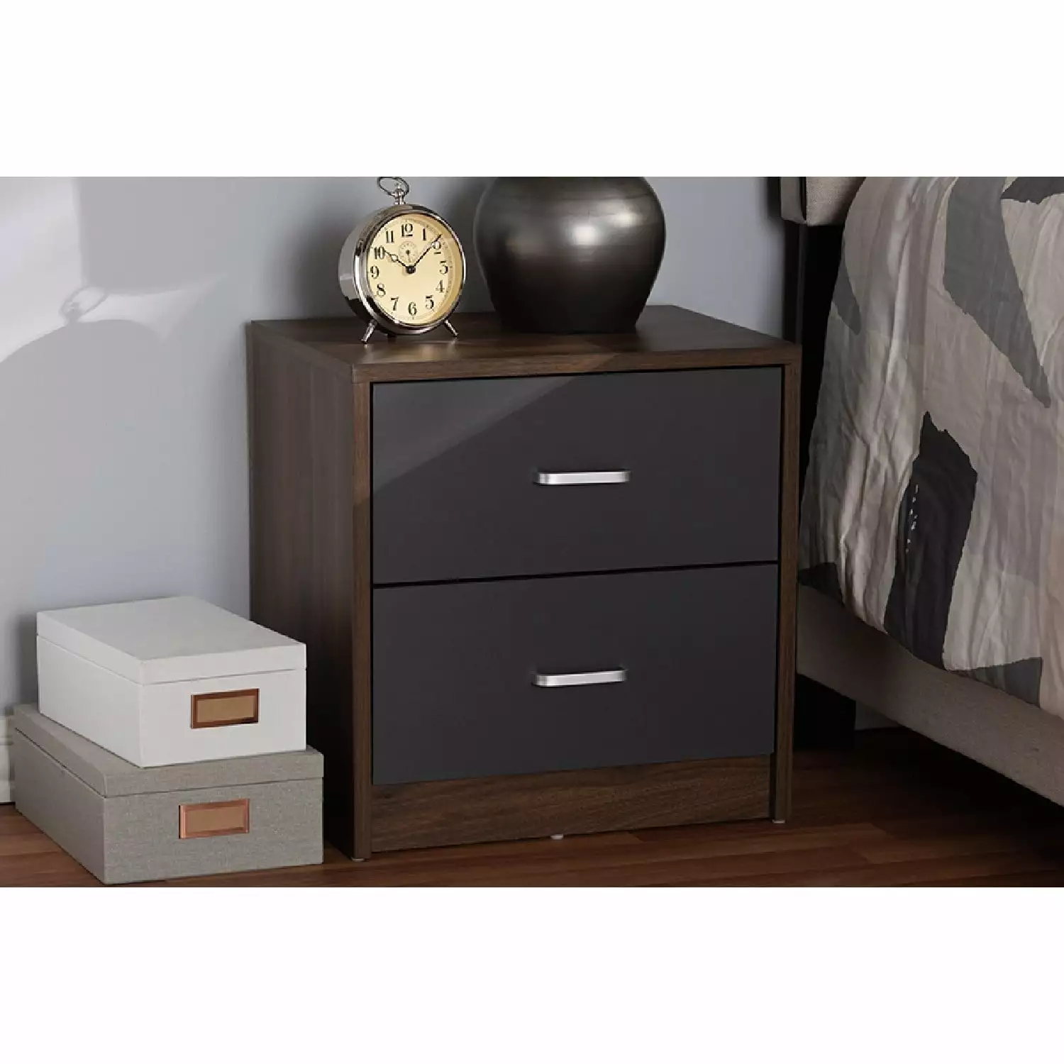 Baxton Studio Hansel Modern 2-Drawer Dark Brown Grey Finished Nightstand Bedroom Wholesale Interiors