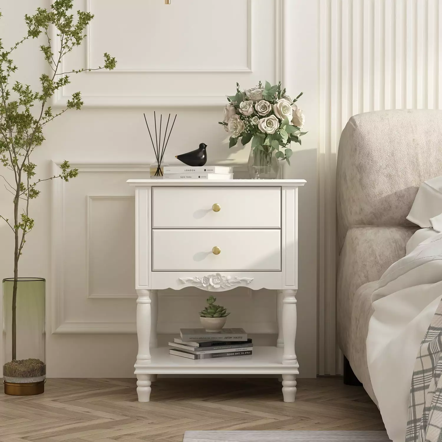 WIAWG Mid Century White Nightstand 2 Drawers and Open Shelf Bedroom