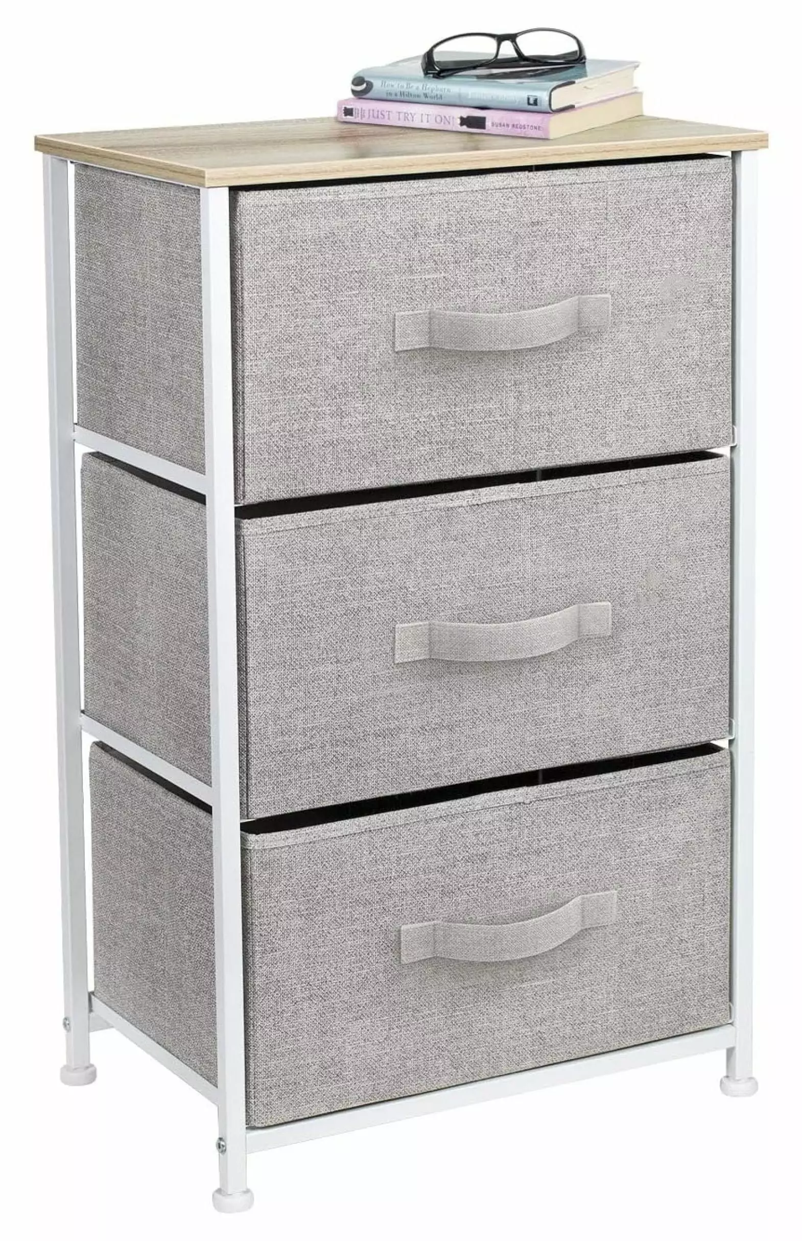 WIixle Nightstand 3 Drawers Bedside Table Steel Frame and Wood Top