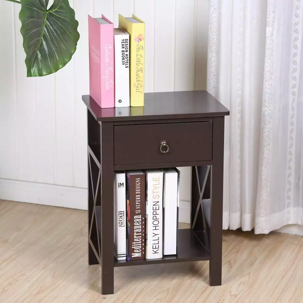Winado Brown Bedside Nightstand End Sofa Table Drawer and Shelf Storage