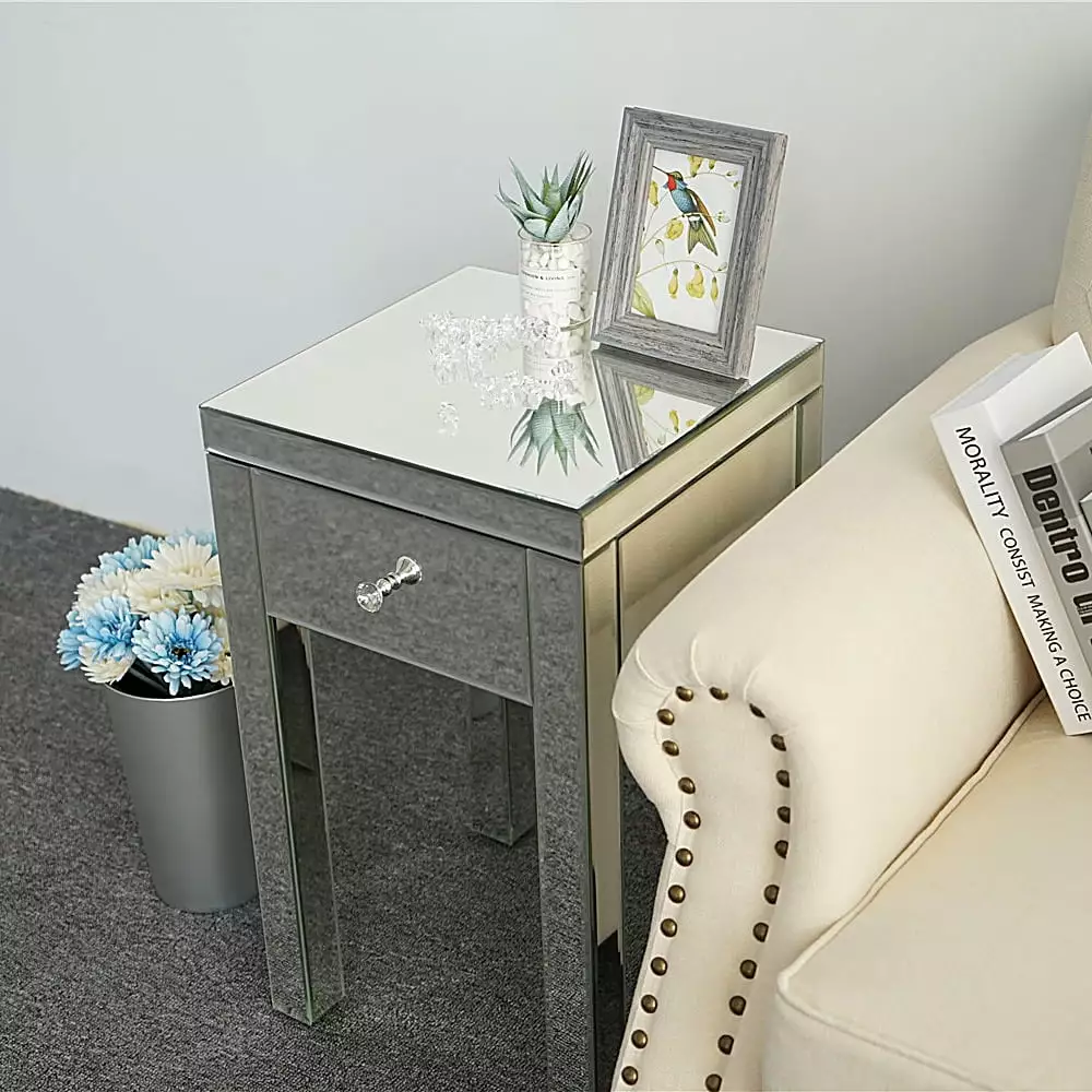 Winado Mirrored End Table Nightstand Bedside Table Drawer Silver