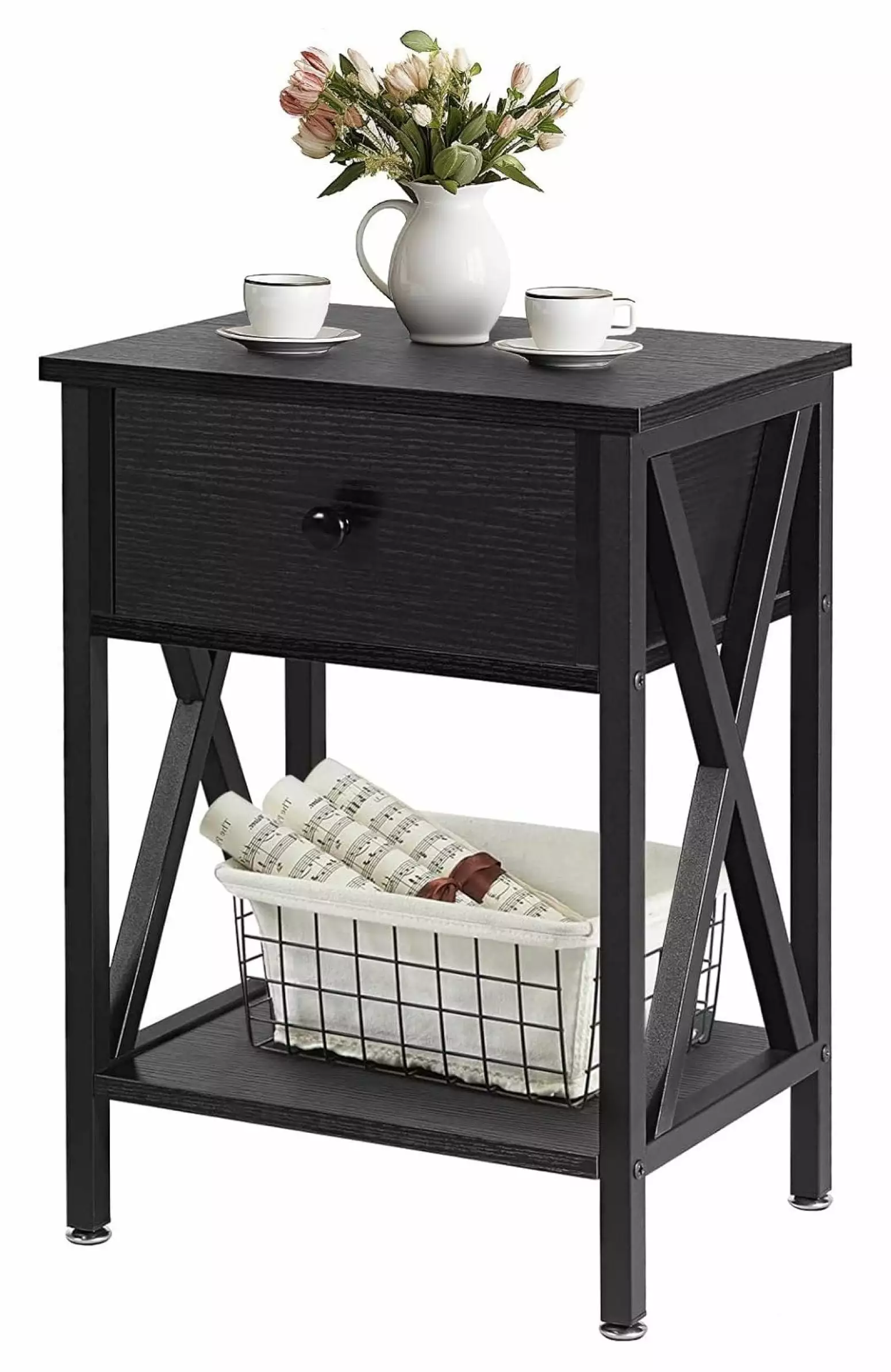 YgIRTID Modern X-Design Black Nightstand Drawer and Storage Shelf