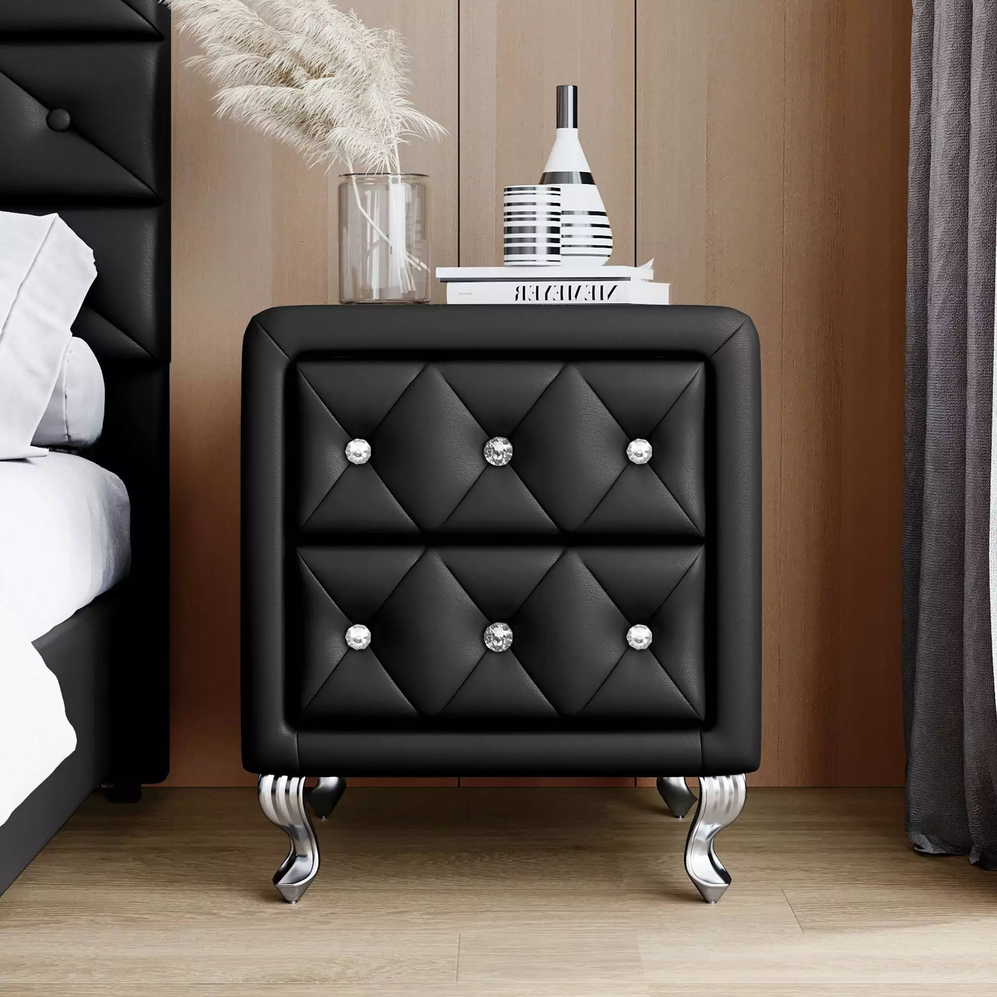 Yoneston Elegant Black PU Nightstand 2 Drawers and Crystal Handle - Easy Assembly