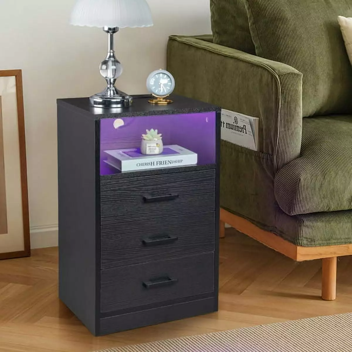 FCH 40x35x65cm Particleboard Triamine Three Drawer Bedside Table LED Light Black YTTX
