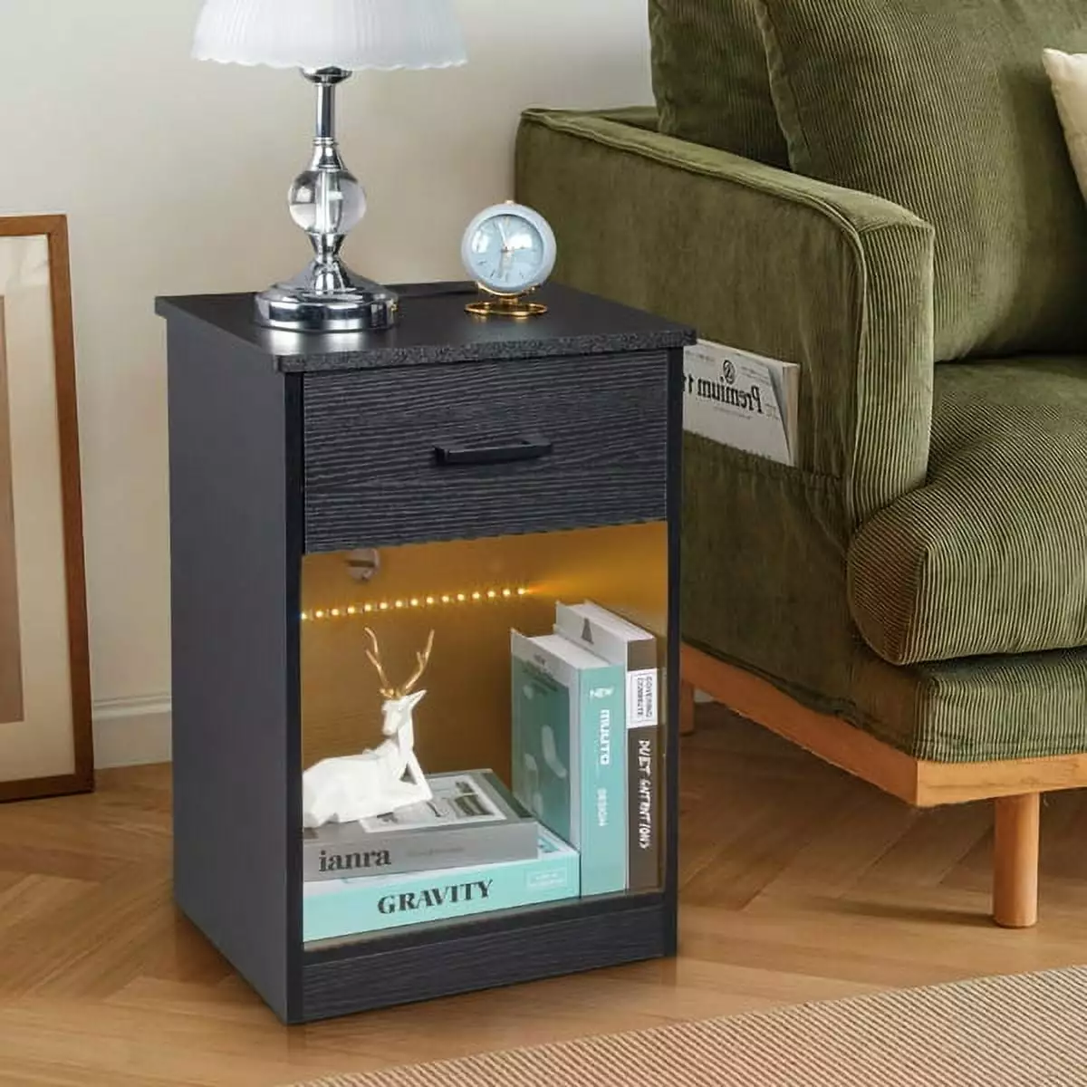 FCH Particleboard Single Drawer Bedside Table Socket LED Light Black YTTX