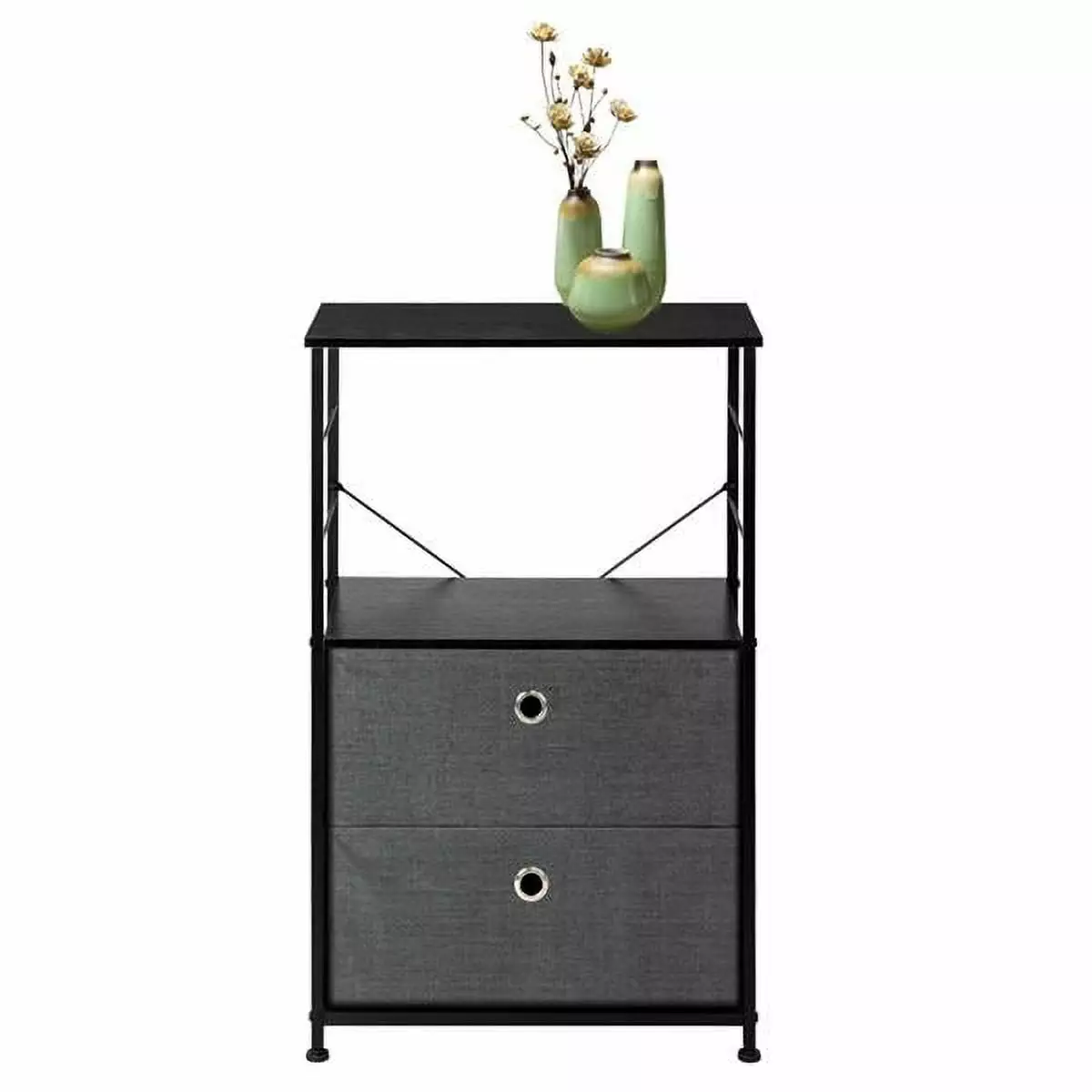 Nightstand 2-Drawer Shelf Storage Bedside Table Steel Frame Wood Top and Fabric Bins Grey YTTX