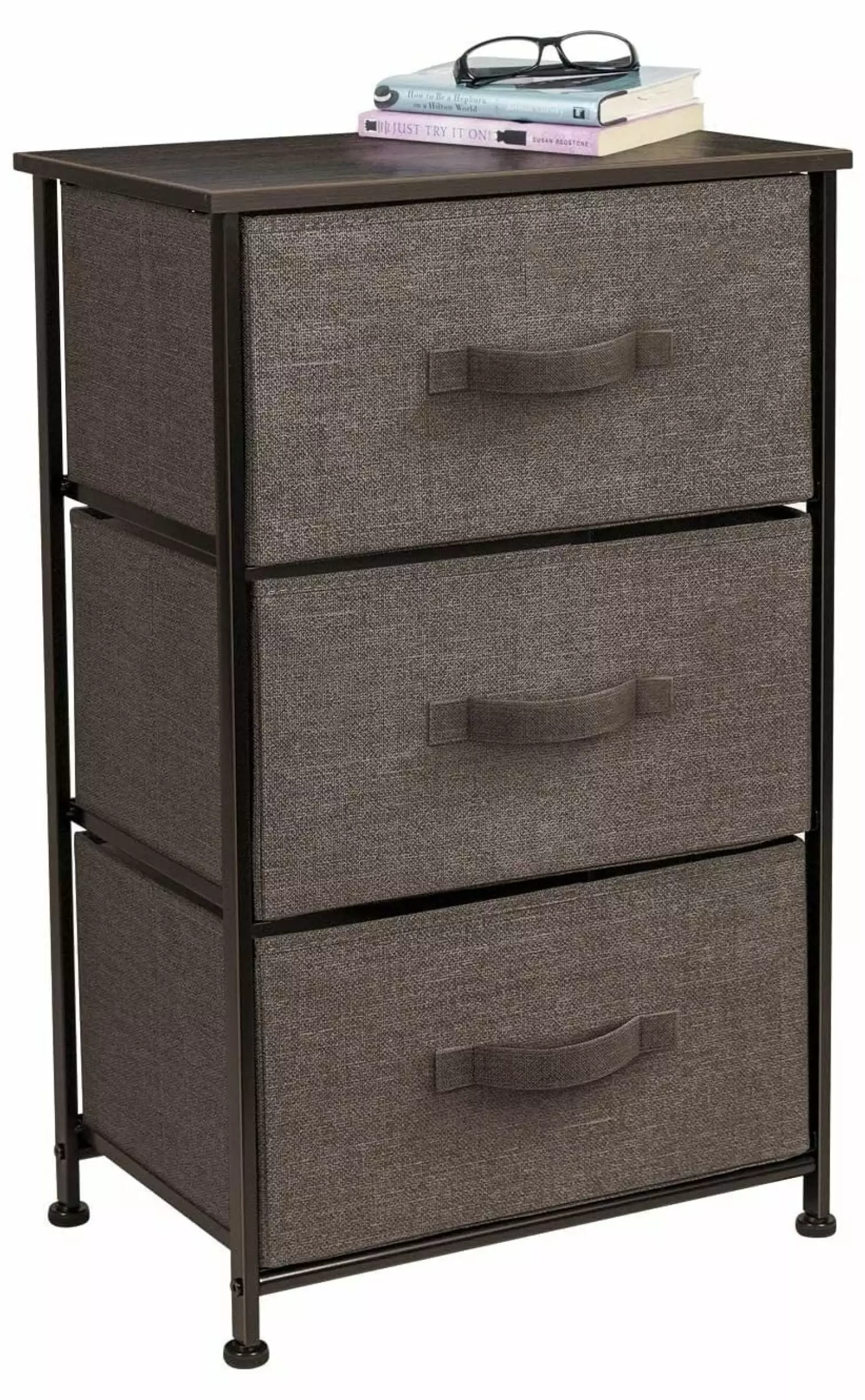 Zengpin 3-Drawer Nightstand Wood Top and Steel Frame Fabric Bins Bedside Table Bedroom Office Dorm