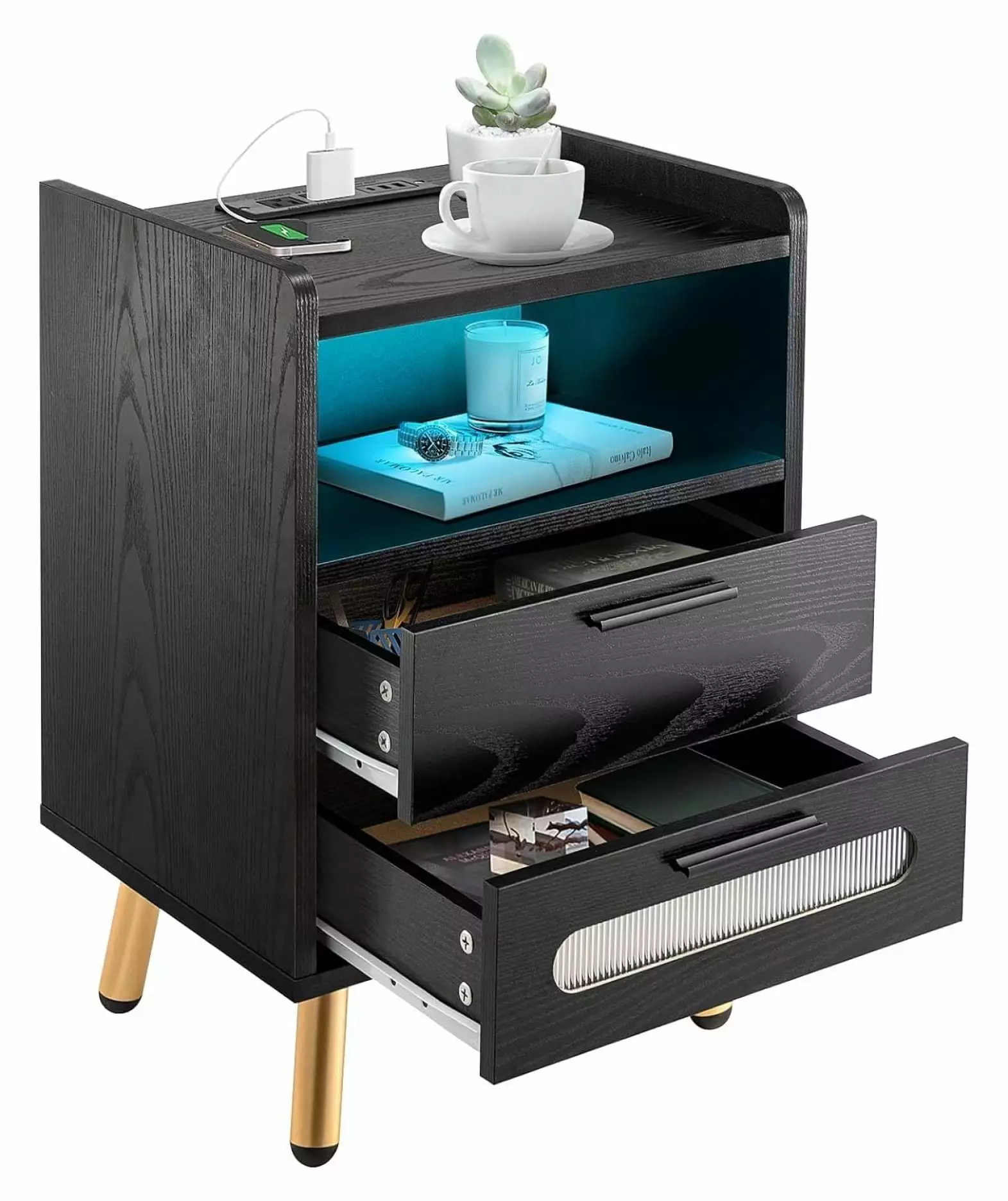 Zengpin LED Nightstand Charging Station 2 Drawers End Table USB Type-C Ports and Outlets Modern High Gloss Nightstand Bedr...