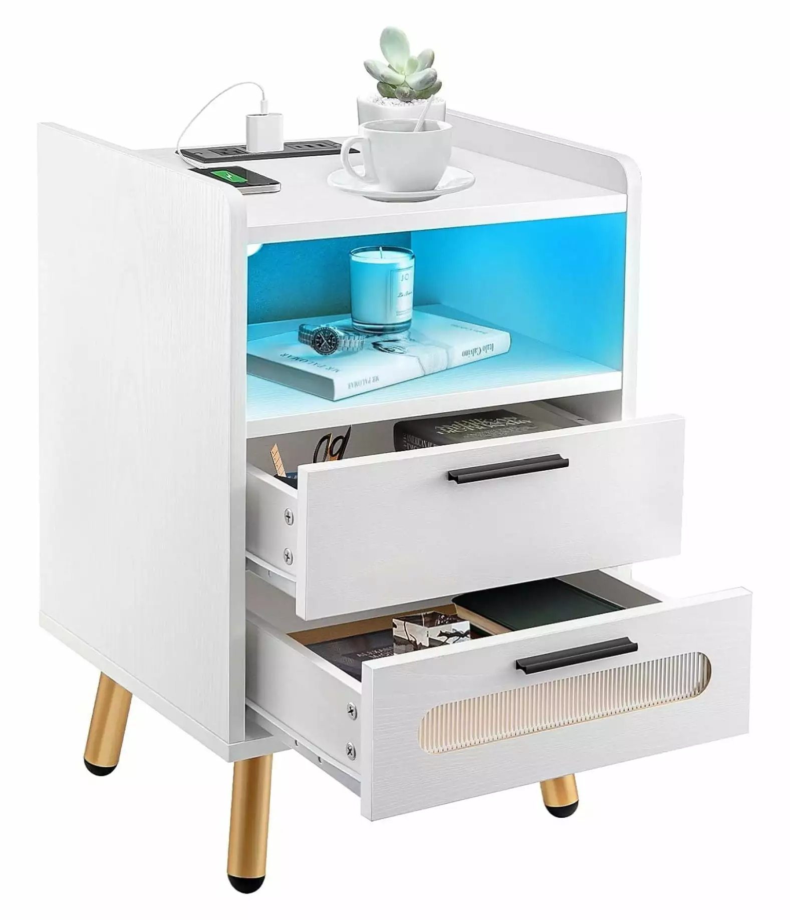 Zengpin LED Nightstand Charging Station 2 Drawers End Table USB Type-C Ports and Outlets Modern High Gloss Nightstand Bedr...