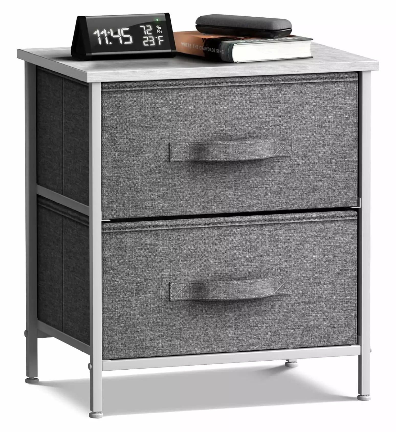 Zengpin Nightstand 2 Drawers Bedside Table Steel Frame Wood Top Fabric Bins