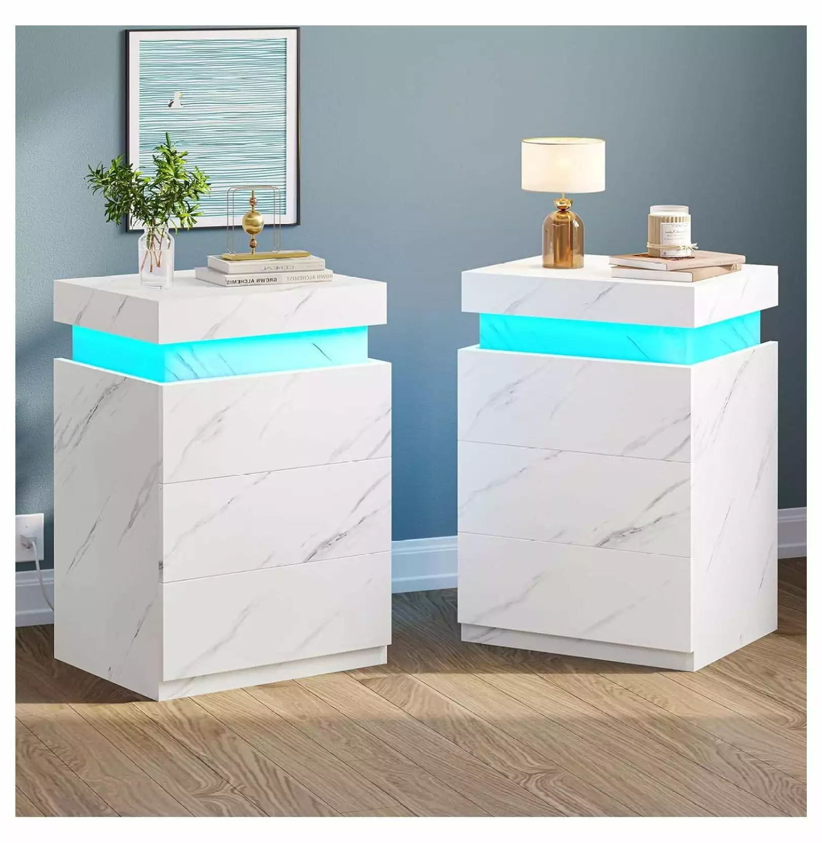 ZHANGHU LED Nightstands Set 2 Charging Station and Sliding Top White Marble