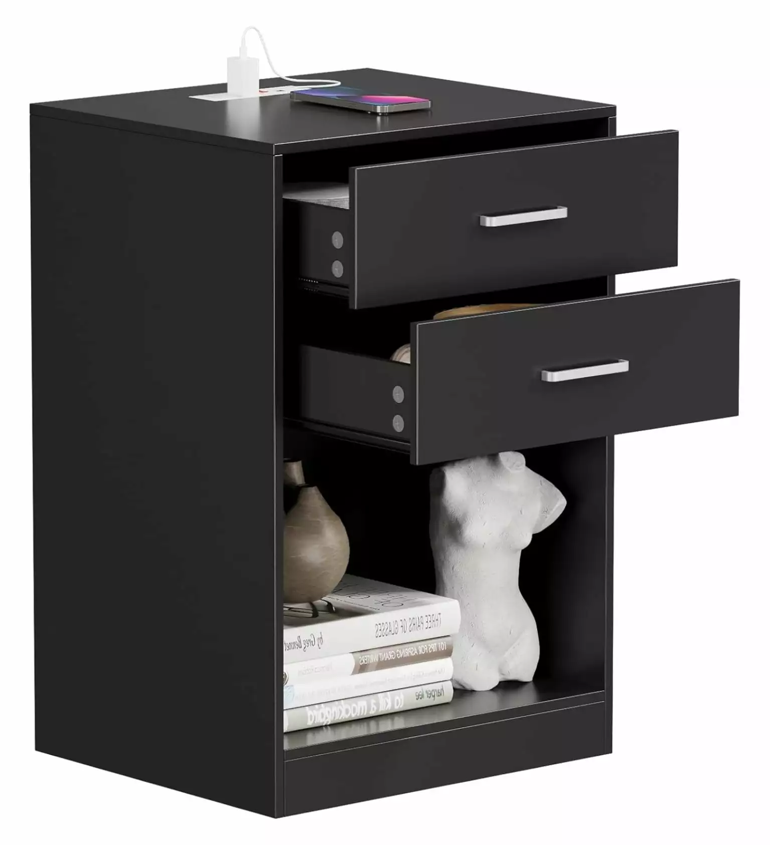 ZHAOTONG Nightstand 2 Drawers and Charging Port Small Side Table Bedroom Living Room Dorm
