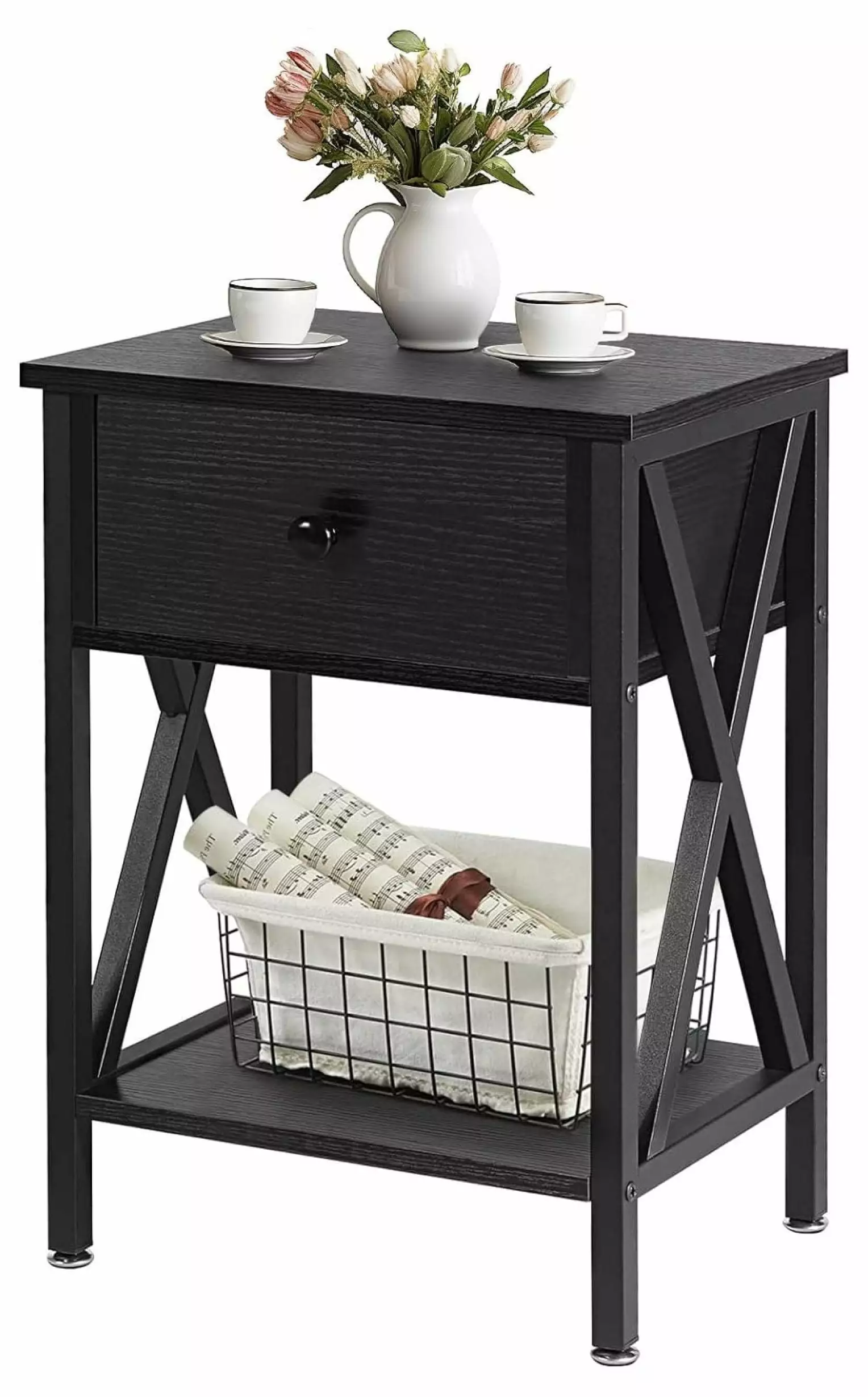 ZRQarq Modern X-Design Black Nightstand Drawer and Storage Shelf