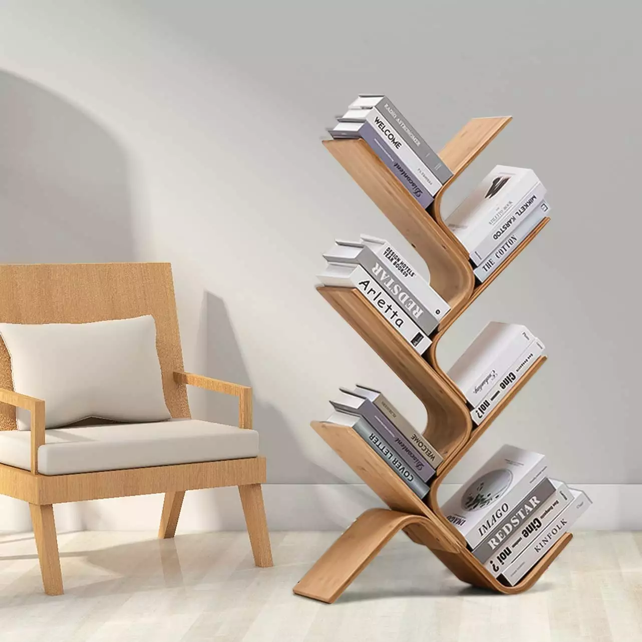 6-Tier Bamboo Tree Modern Bookshelf Creative Curved Standing Bookcase Rack Book Storage Organizer Shelves Natural Color DONFU
