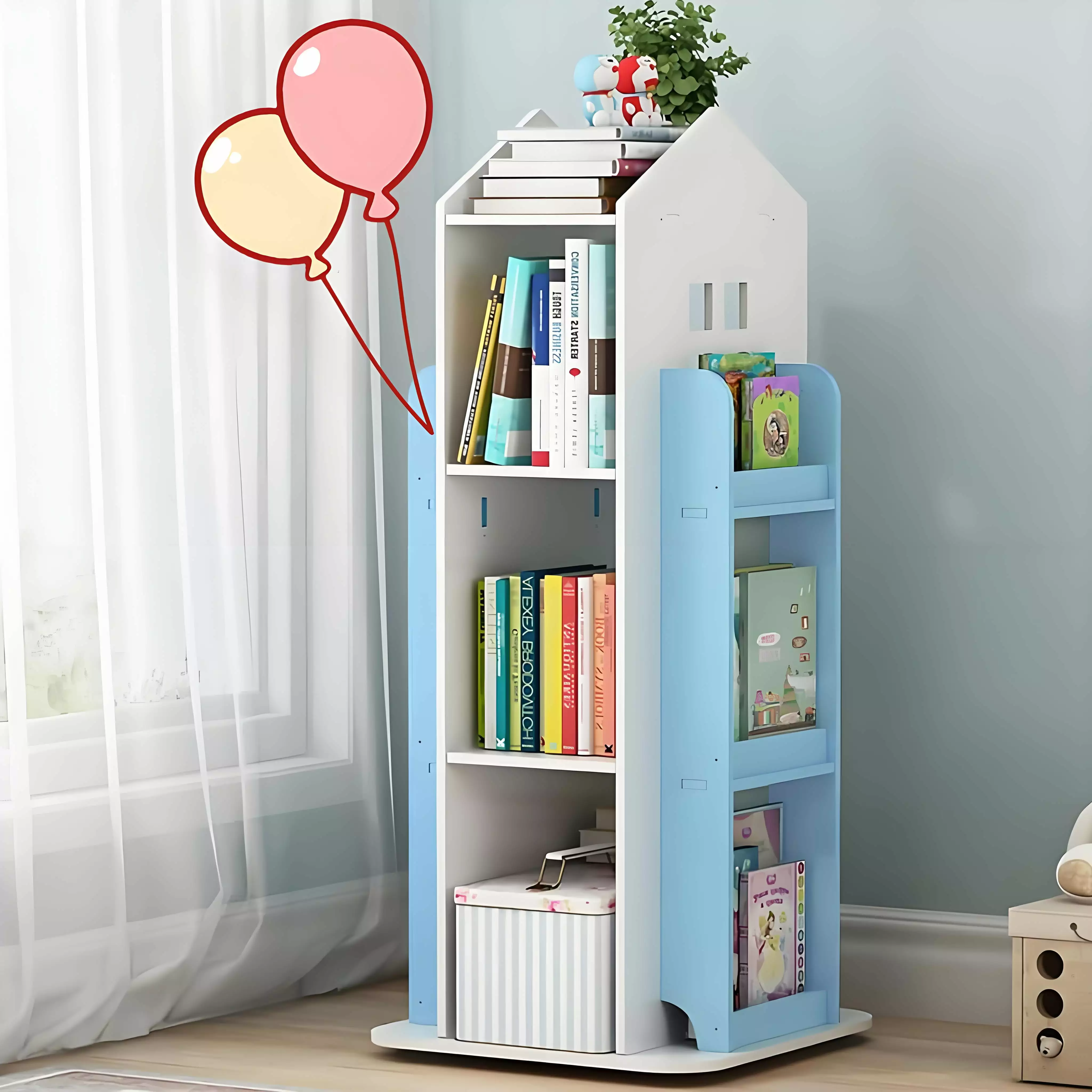 Gtouse 360 Rotating Bookshelf Corner Revolving Bookcase House Shape Blue Floor Standing Shelf