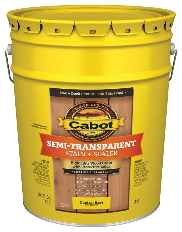 Cabot 300 Series 140.0000306.008 Exterior Stain, Semi-Transparent, Neutral Base, Liquid, 5 gal, Pail