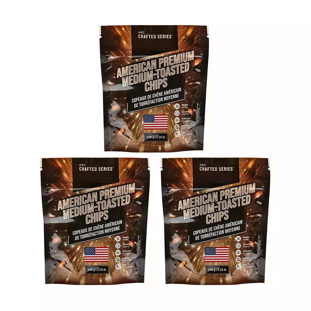 American Luxury Medium Toasted Oak Chips 100 gr 3 per Pack Whiskey and Wine Aging ABC Crafted Series
