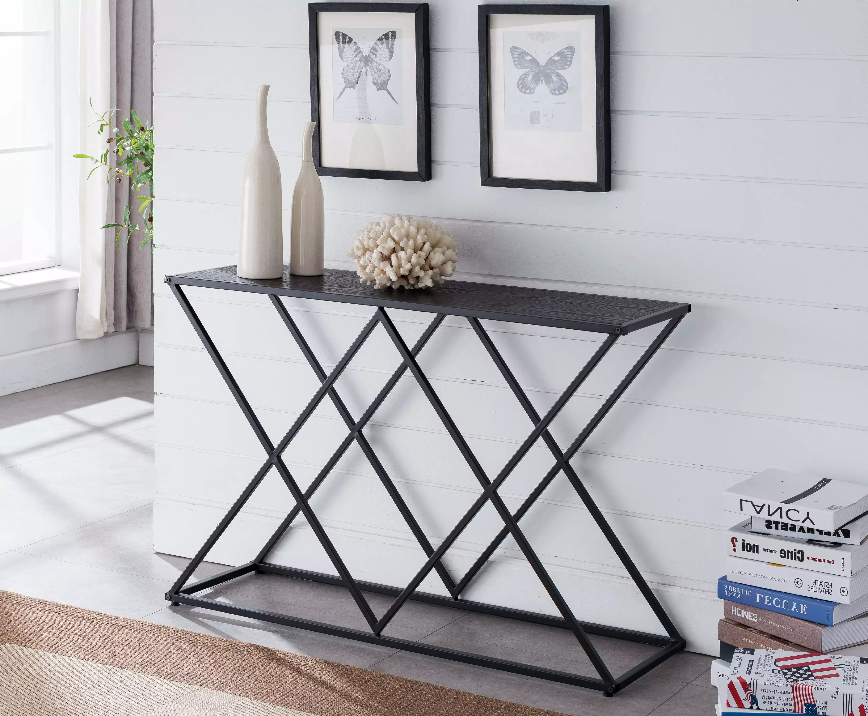 Greta Modern Occasional Entryway Console Sofa Display Table Black Metal Frame Gray Wood Top Console Pilaster Designs
