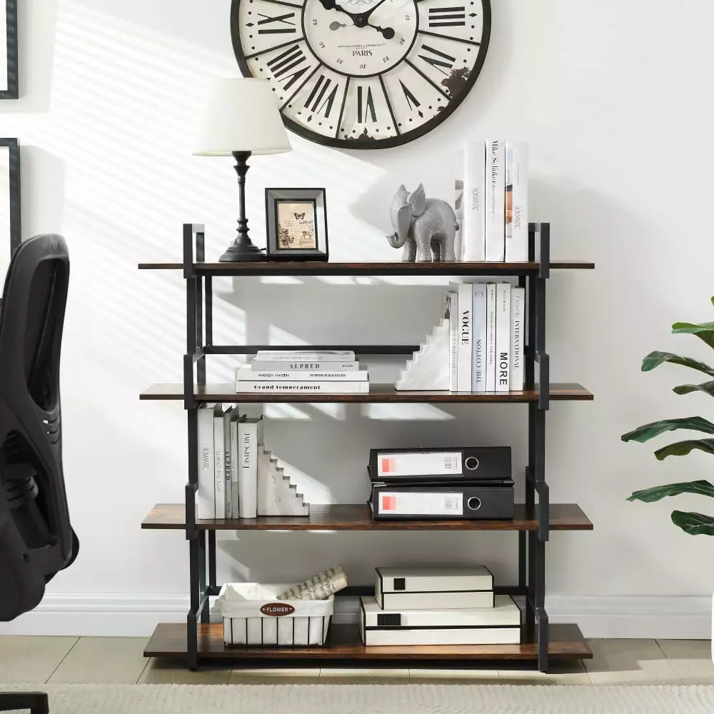 4 Tier Office Bookcase Shelf Rustic Wood Metal Bookshelves Freestanding Open Book Shelf Home Office Living Room Zateety