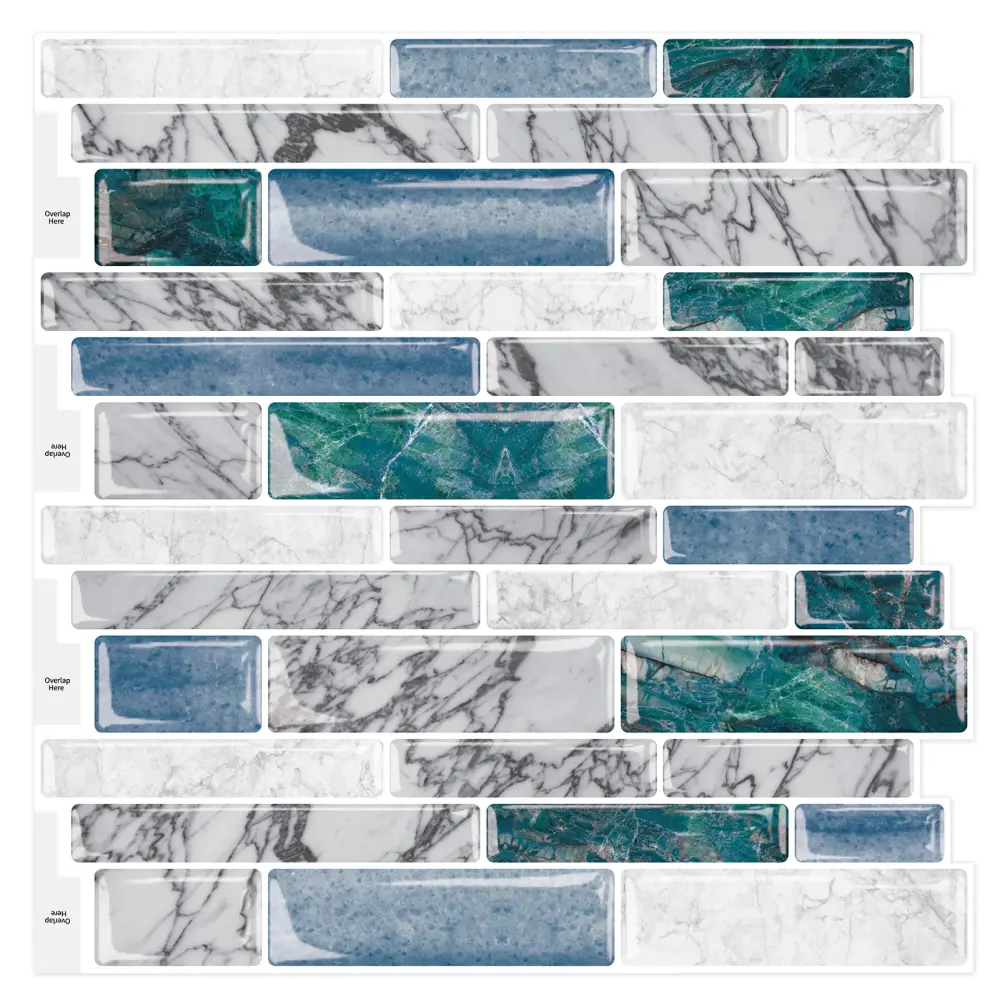 Green Sapphire Peel and Stick Backsplash Kitchen 3D Wall Stick on Tiles, Marble Look 12"x12"