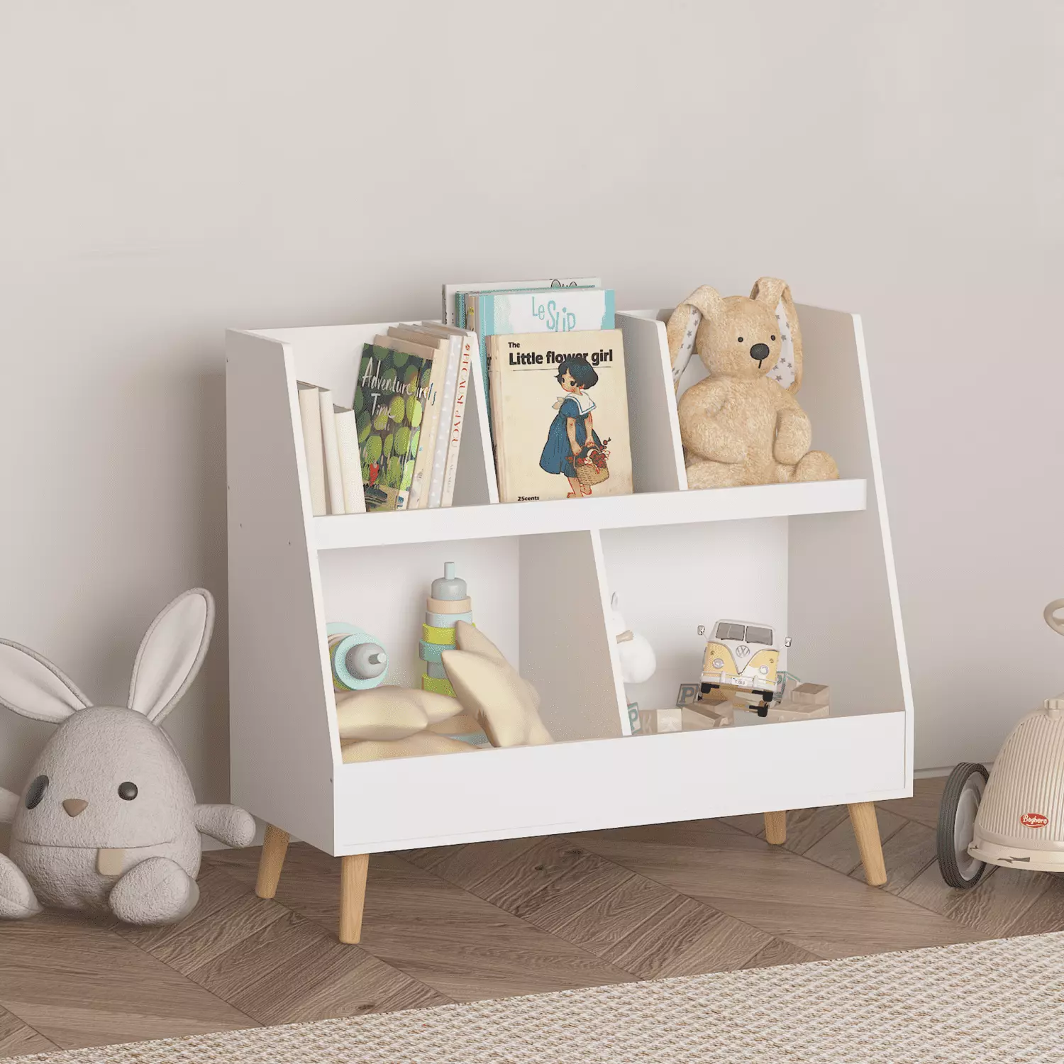 MISSUNNY Kids Bookshelf and Toy Organizer 5 Cubbies Wooden Open Bookcase 2-Tier Storage Display Organizer